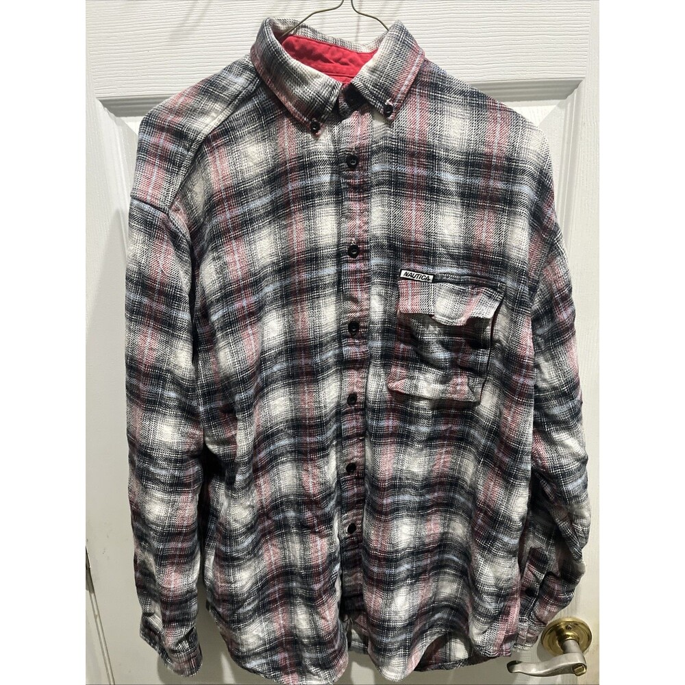 Nautica Plaid Flannel Button Down Shirt Size XL Black Red White Cotton VTG